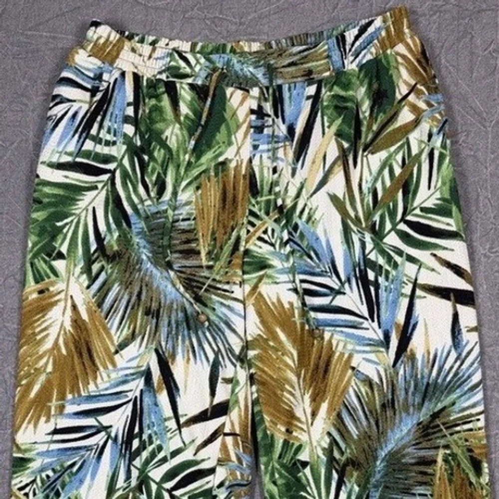 SOHO‎ Apparel Ltd Tropical Palm Print Wide Leg Crop Pants Green Blue 1X 78108156